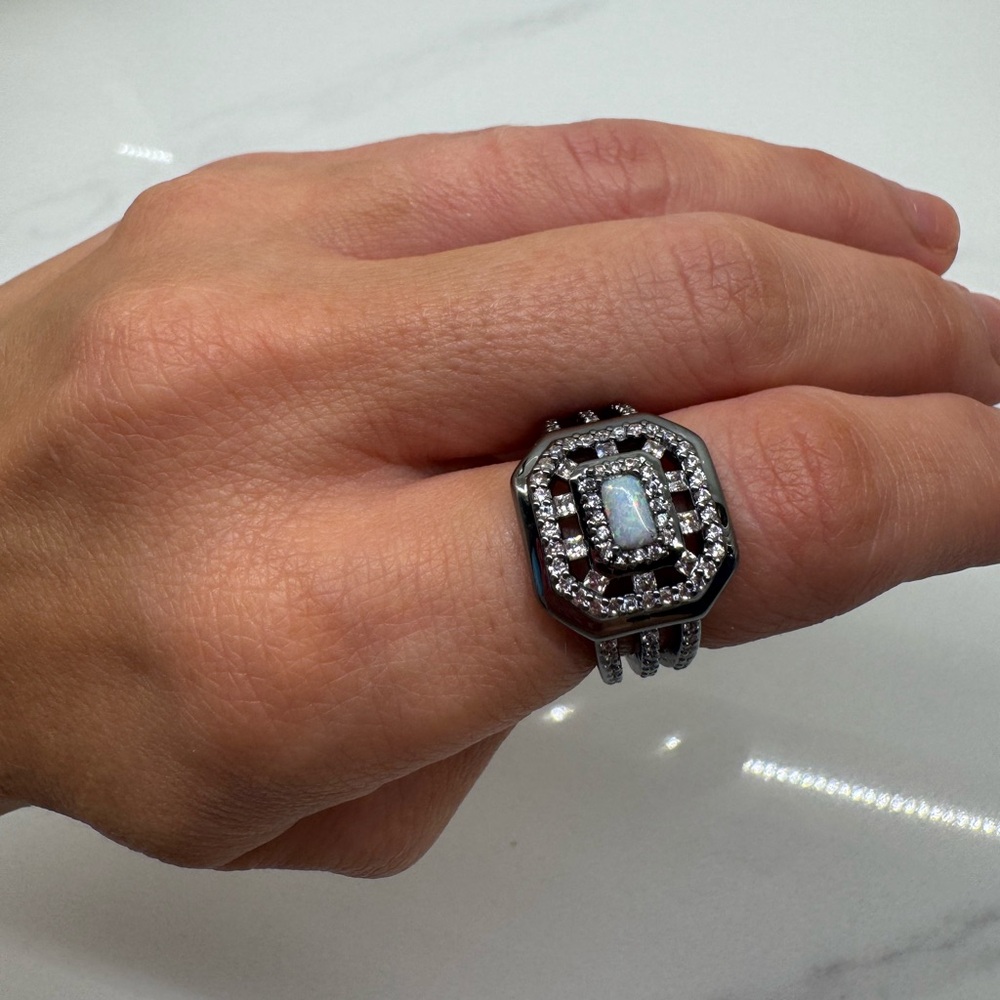 Hematite and Black Ring with Opal Stone